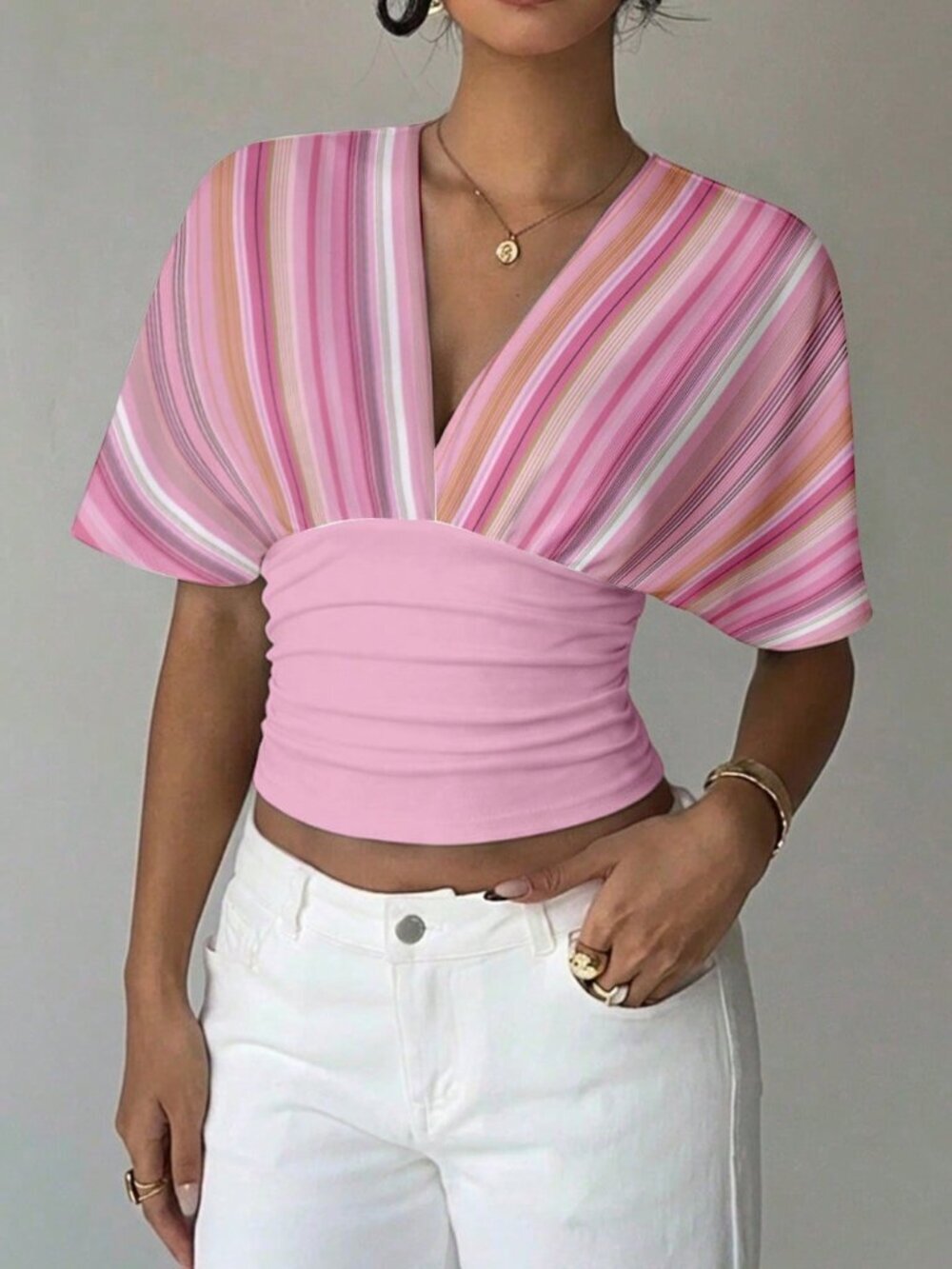 Pink Casual Women's V-Neck Color Block Pleated T-Shirt